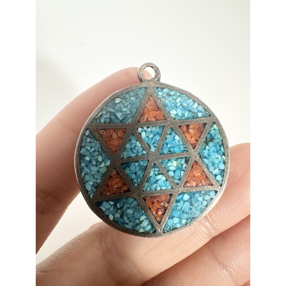 Vintage Crushed Turquoise Pendant~Star of David Large